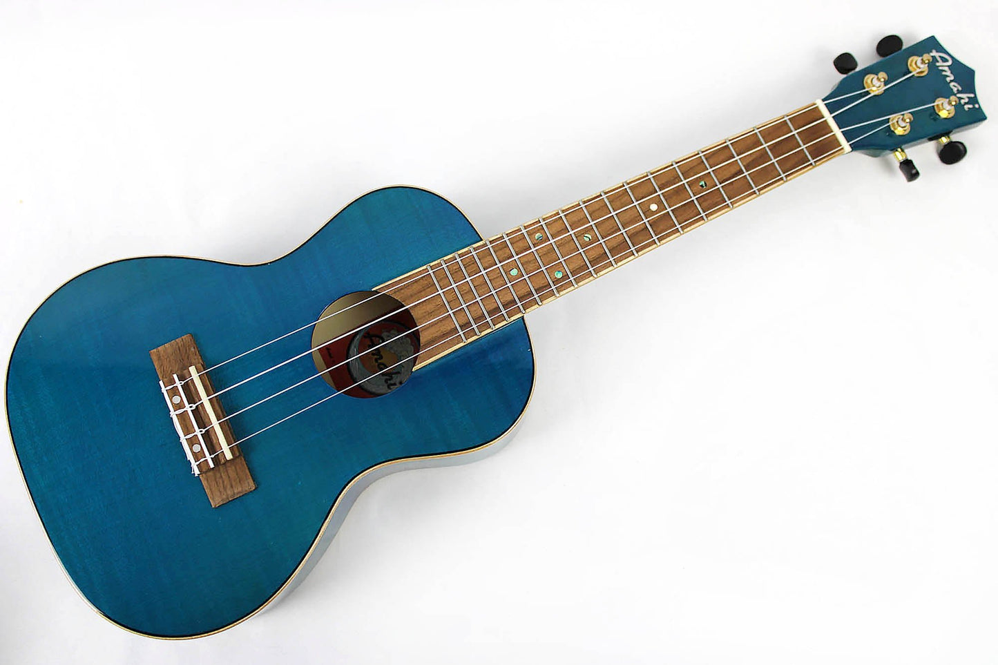 This is the front full view of the top and neck of an Amahi PGUK555BLC Flamed Maple Concert Ukulele- blue.