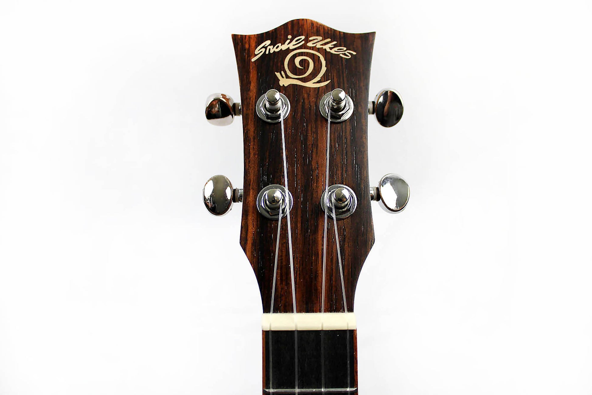 This is the front of the headstock of a Snail SNAILBOUKTEQ Bocote Tenor Ukulele EQ.