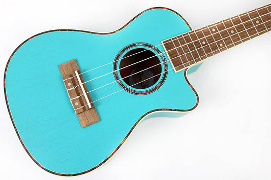 This is the front of the top and neck of an Amahi UK205EQLB Concert Ukulele with EQ-Light Blue.