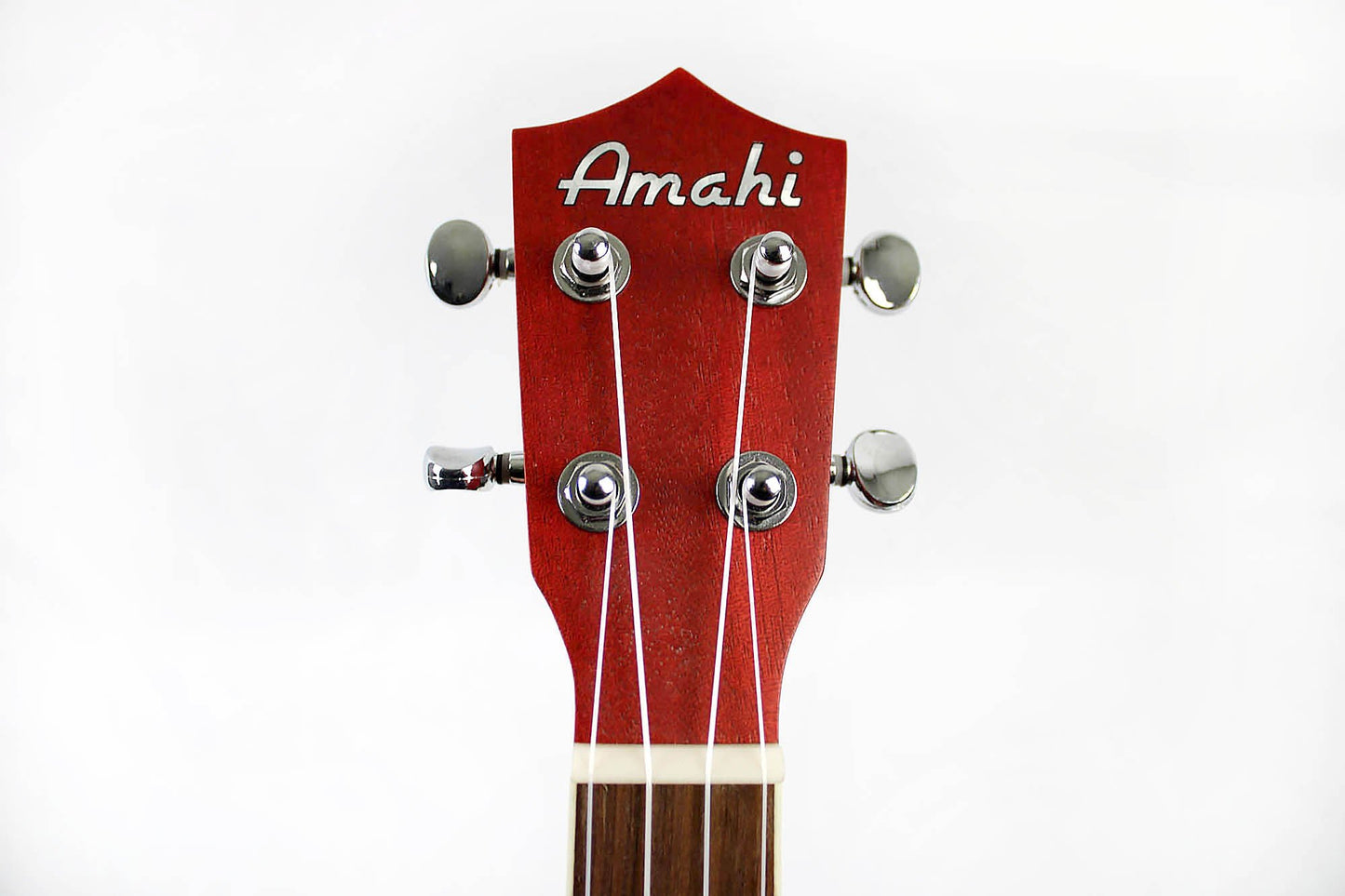 This is the front of the headstock of an Amahi UK205EQRD Concert Ukulele with EQ-Red.