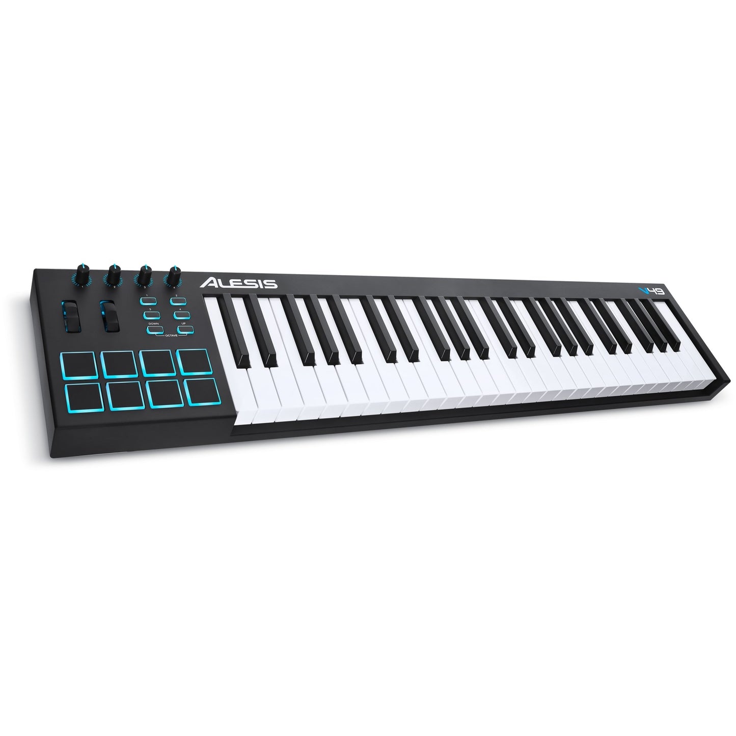 This is the top side view of an Alesis V49 49-key Keyboard Controller.