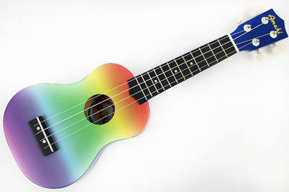 This is the front full view of an Amahi DDUK1 Rainbow Gradient Ukulele, Soprano.