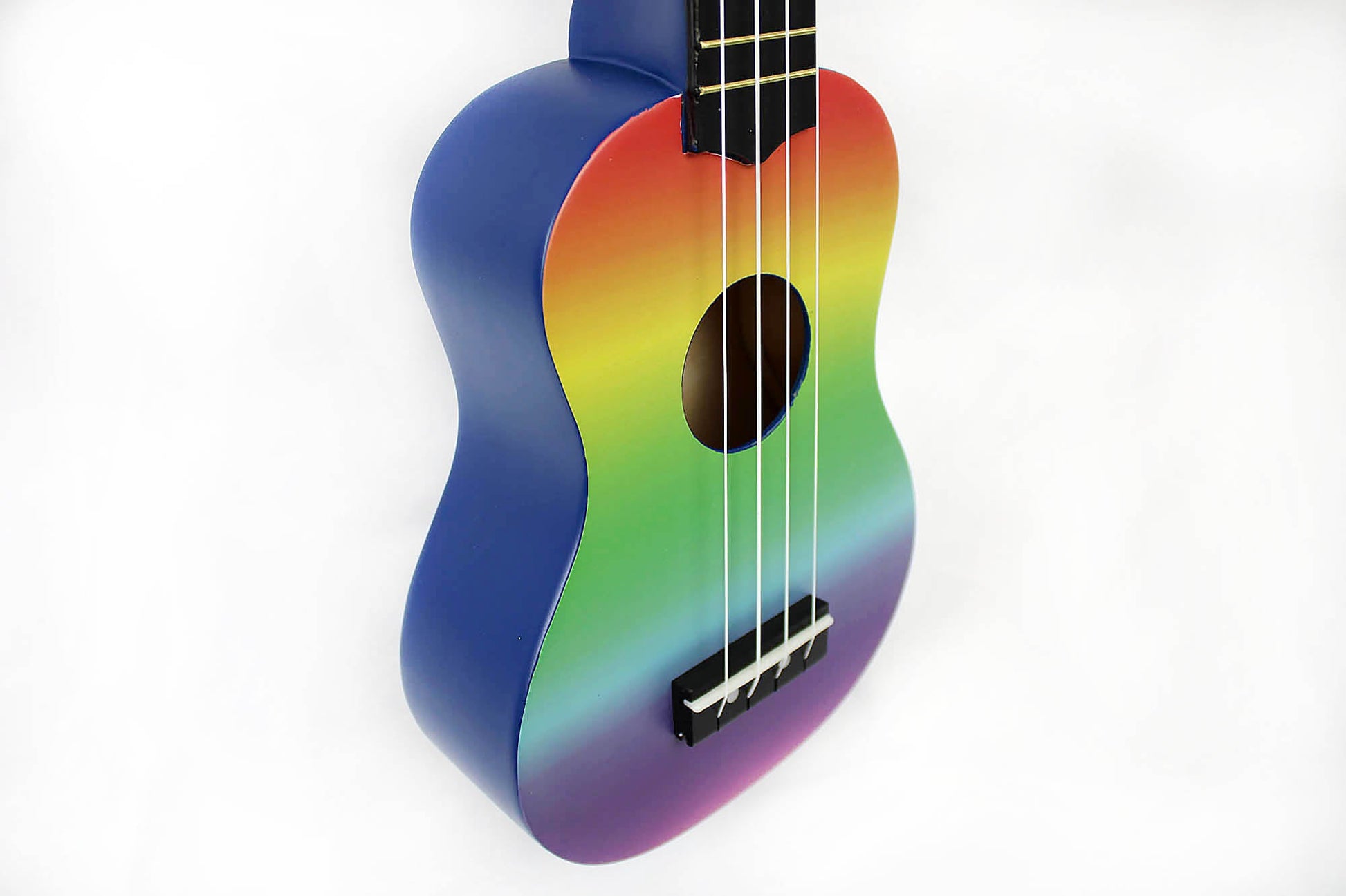 This is the front side view of an Amahi DDUK1 Rainbow Gradient Ukulele, Soprano.