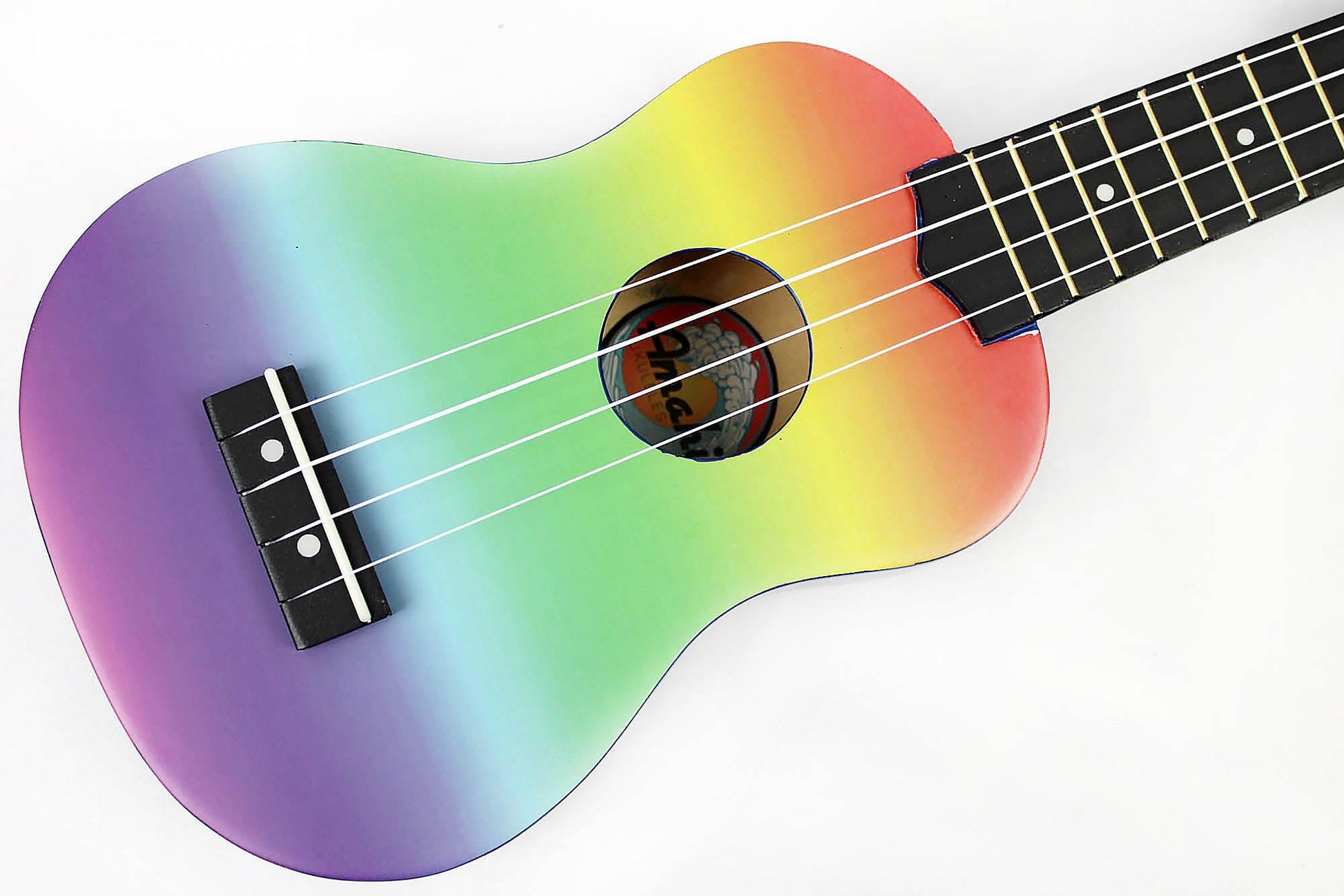 This is the front view of an Amahi DDUK1 Rainbow Gradient Ukulele, Soprano.