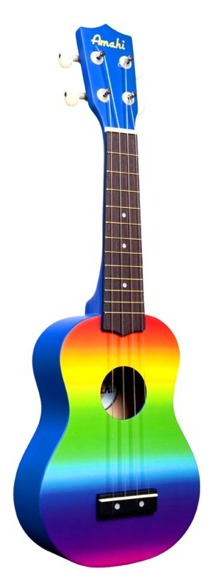 This is the front view of an Amahi DDUK1 Rainbow Gradient Ukulele, Soprano.