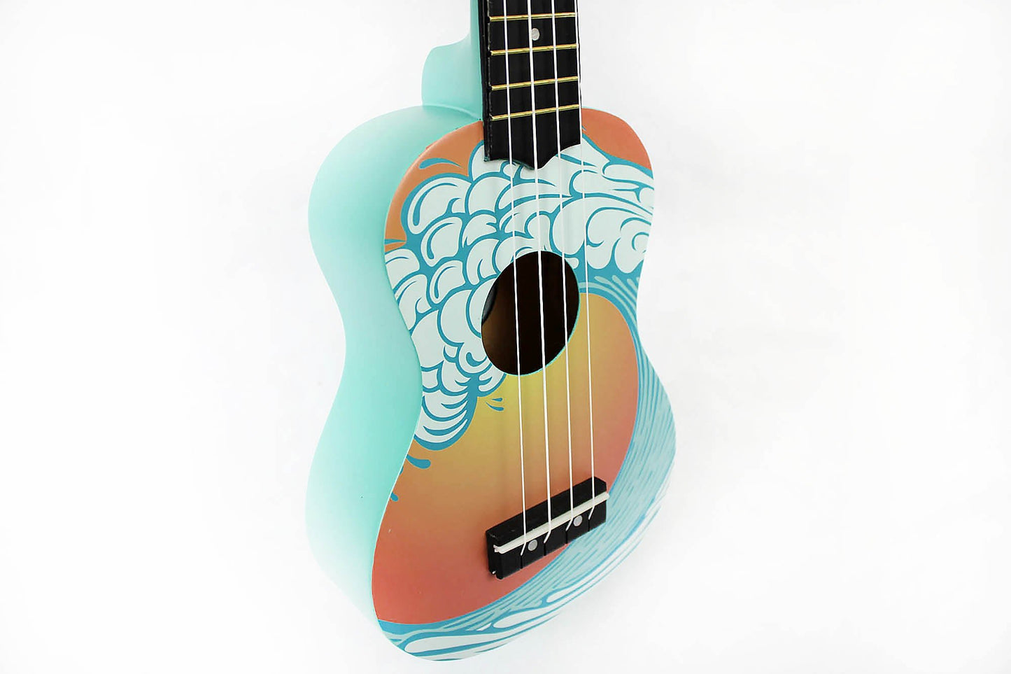 This is the front side view of an Amahi DDUK9 Ocean Soprano Ukulele.