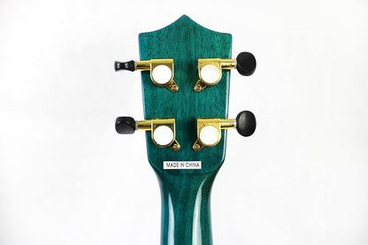 This is the back of the headstock of an Amahi PGUK555BLC Flamed Maple Concert Ukulele- blue.