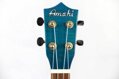 This is the front of the headstock of an Amahi PGUK555BLC Flamed Maple Concert Ukulele- blue.
