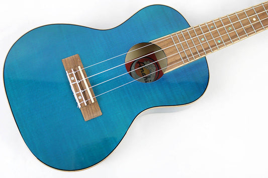 This is the front of the top and neck of an Amahi PGUK555BLC Flamed Maple Concert Ukulele- blue.