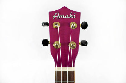 This is the front of the headstock of an Amahi PGUK555PUC Flamed Maple Concert Ukulele- purple.