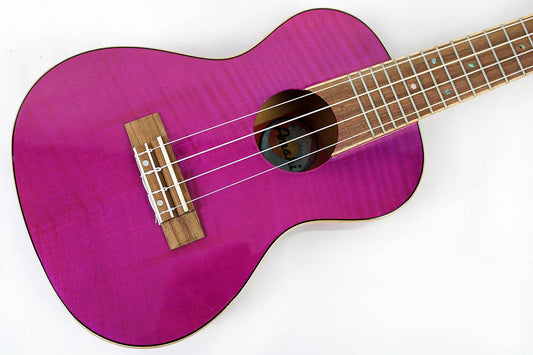 This is the front of the body and neck of an Amahi PGUK555PUC Flamed Maple Concert Ukulele- purple.