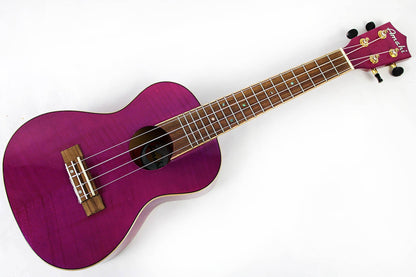 This is the front full view of the body and neck of an Amahi PGUK555PUC Flamed Maple Concert Ukulele- purple.