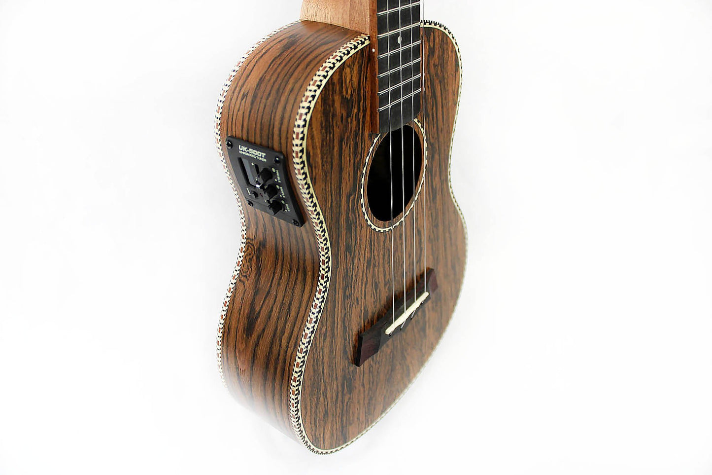 This is the front side view of the top and neck of a Snail SNAILBOUKTEQ Bocote Tenor Ukulele EQ.