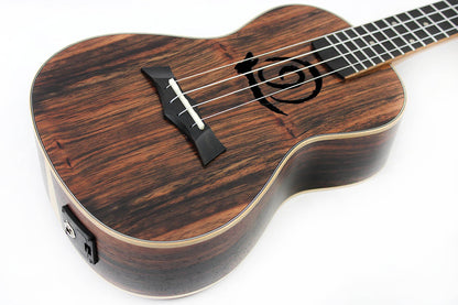 This is the front side view of the top and neck of a Snail SNAILEBUKEQ Ebony Ukulele Concert EQ.
