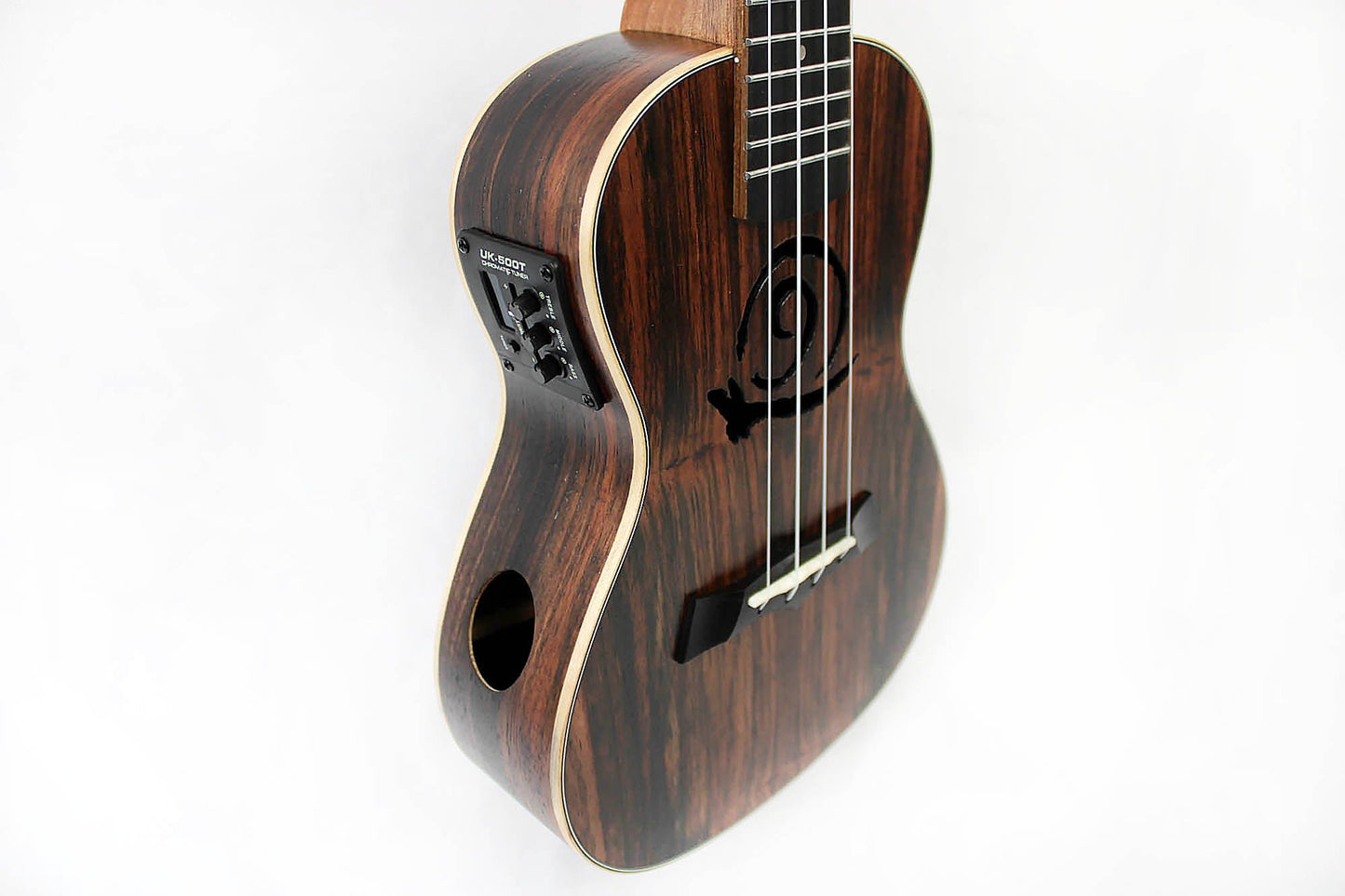 This is the front side view of the top and neck of a Snail SNAILEBUKEQ Ebony Ukulele Concert EQ.
