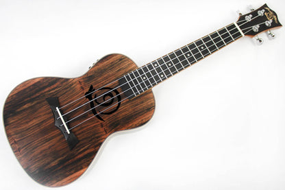 This is the front full view of the top and neck of a Snail SNAILEBUKEQ Ebony Ukulele Concert EQ.