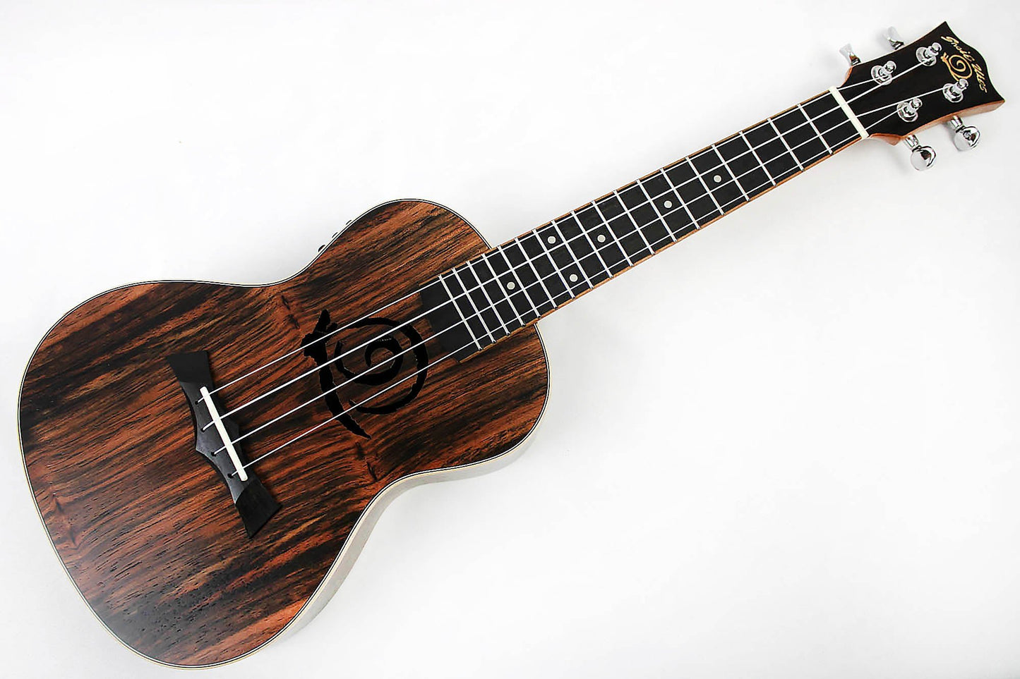 This is the front full view of the top and neck of a Snail SNAILEBUKEQ Ebony Ukulele Concert EQ.