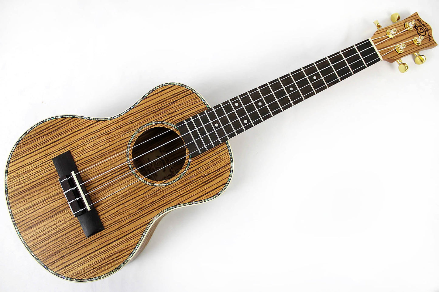 This is the front full view of the top and neck of a Snail SNAILZEBUKT Zebrawood Tenor Ukulele.