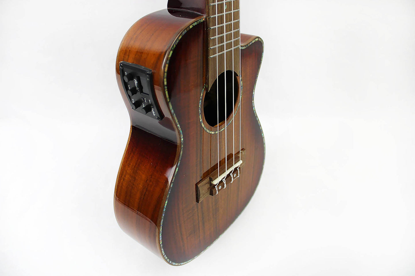 This is the front side view of a Amahi UK-KOK-CEQ Concert Ukulele with EQ.