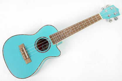 This is the front full view of the top and neck of an Amahi UK205EQLB Concert Ukulele with EQ-Light Blue.