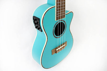 This is the front side view of the top and neck of an Amahi UK205EQLB Concert Ukulele with EQ-Light Blue.