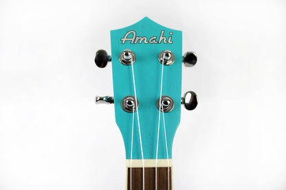 This is the front of the headstock of an Amahi UK205EQLB Concert Ukulele with EQ-Light Blue.
