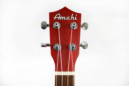 This is the front of the headstock of an Amahi UK205EQRD Concert Ukulele with EQ-Red.