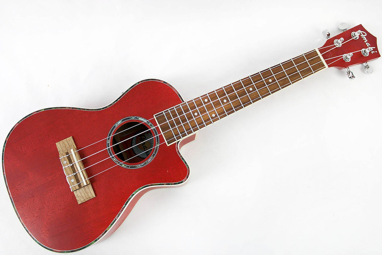 This is the front full view of the top and neck of an Amahi UK205EQRD Concert Ukulele with EQ-Red.