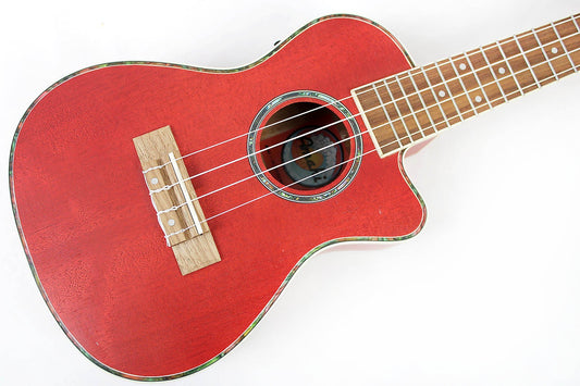 This is the front of the top and neck of an Amahi UK205EQRD Concert Ukulele with EQ-Red.