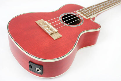 This is the front side view of the top and neck of an Amahi UK205EQRD Concert Ukulele with EQ-Red.