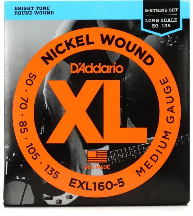 D'Addario EXL160-5 Nickel Wound Bass Guitar Strings - .050-.135 Medium Long Scale 5-string - Leitz Music-998387225799-exl1605