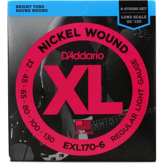 D'Addario EXL170-6 Nickel Wound Bass Guitar Strings - .032-.130 Regular Light Long Scale 6-string - Leitz Music