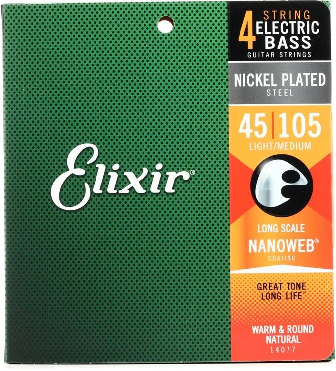 Elixir Strings 14077 Nanoweb Electric Bass Guitar Strings - .045-.105 Light/Medium, Long Scale - Leitz Music-696554449428-14077