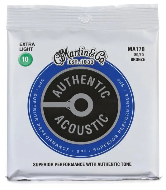 Martin MA170 Authentic Acoustic Superior Performance 80/20 Bronze Guitar Strings - .010-.047 Extra Light - Leitz Music-696554452435-MA170